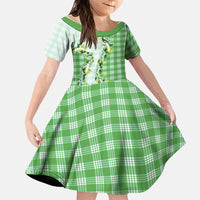 Green Hawaii Palaka Family Matching Off Shoulder Maxi Dress and Hawaiian Shirt Maile Pikake Honohono Orchid Lei LT05 Daughter's Dress Green - Polynesian Pride