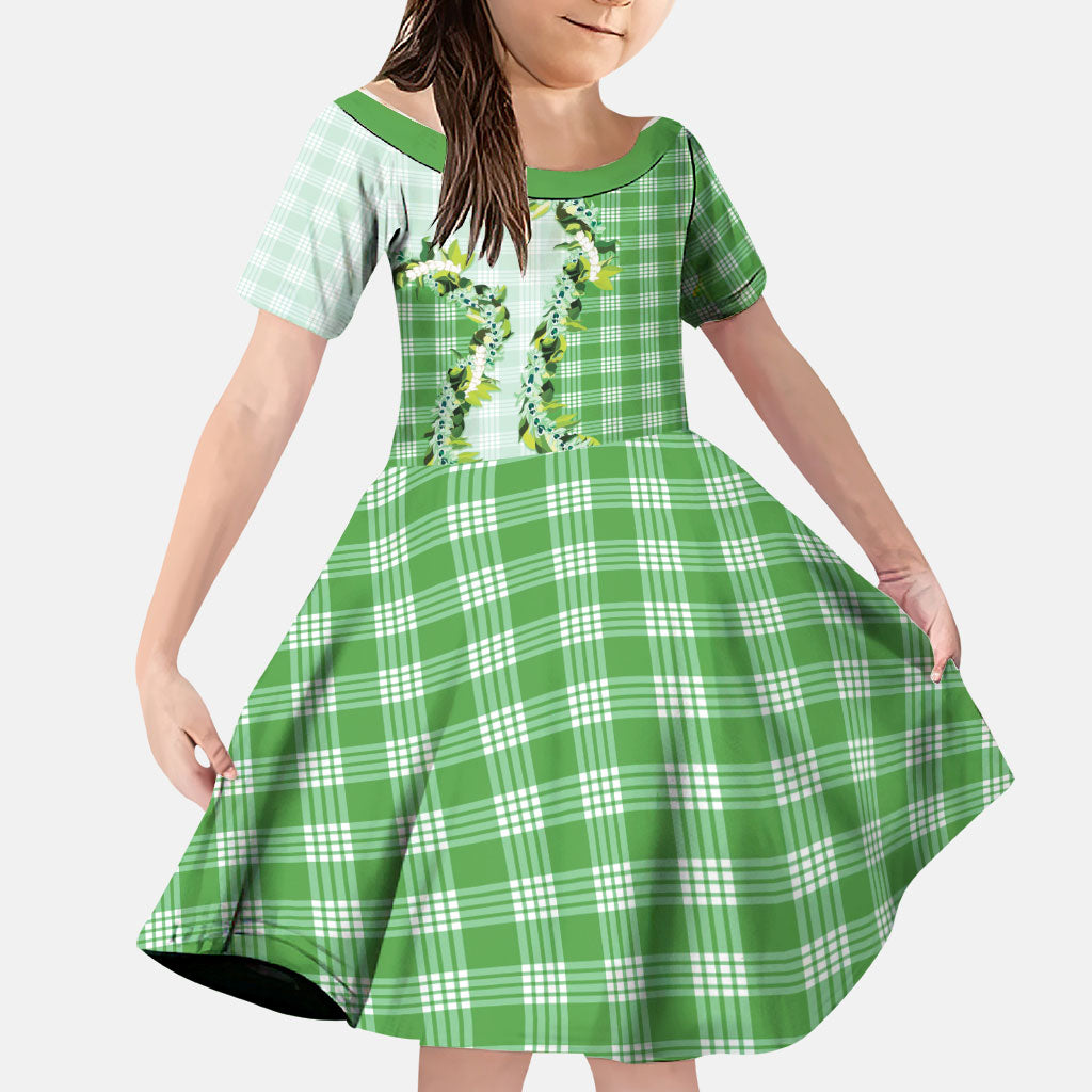 Green Hawaii Palaka Family Matching Off Shoulder Short Dress and Hawaiian Shirt Maile Pikake Honohono Orchid Lei LT05 Daughter's Dress Green - Polynesian Pride