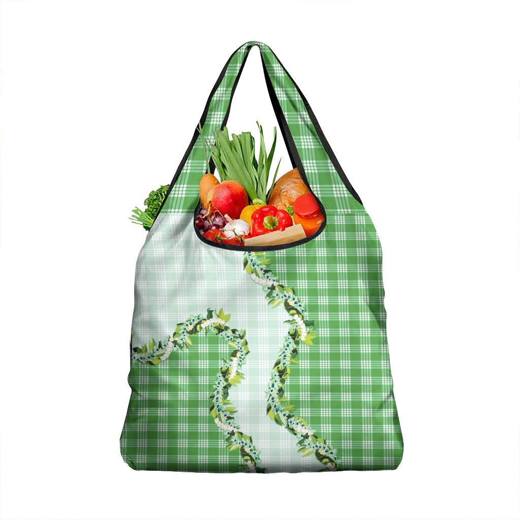 Green Hawaii Palaka Grocery Bag Maile Pikake Honohono Orchid Lei