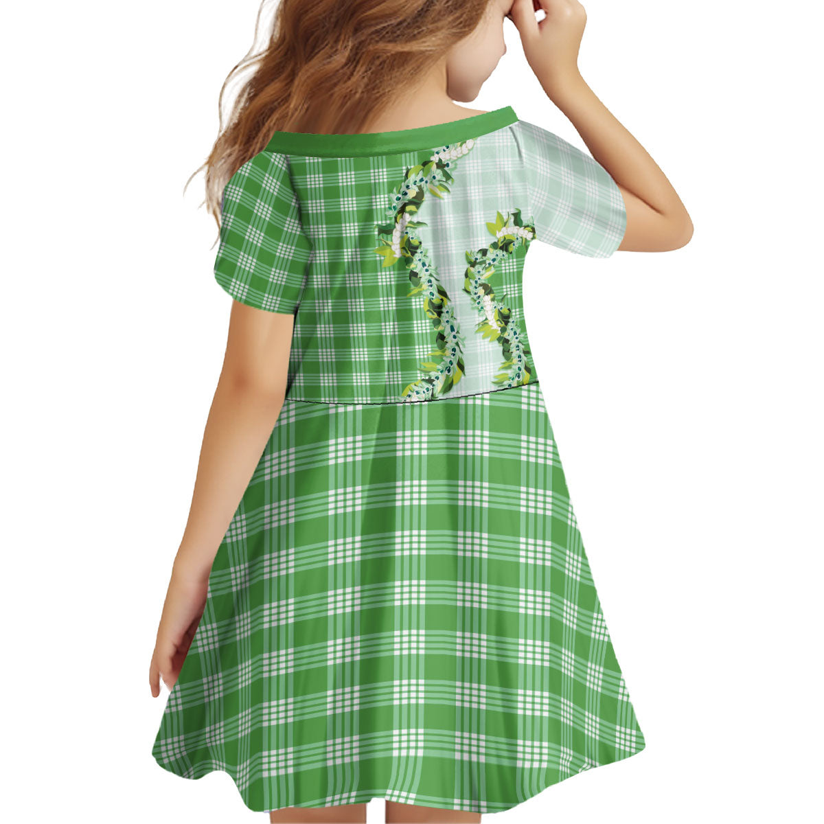 Green Hawaii Palaka Kid Short Sleeve Dress Maile Pikake Honohono Orchid Lei LT05 - Polynesian Pride