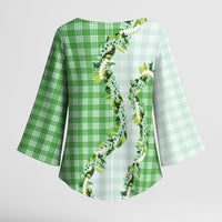 Green Hawaii Palaka Kimono Sleeve Blouse Maile Pikake Honohono Orchid Lei