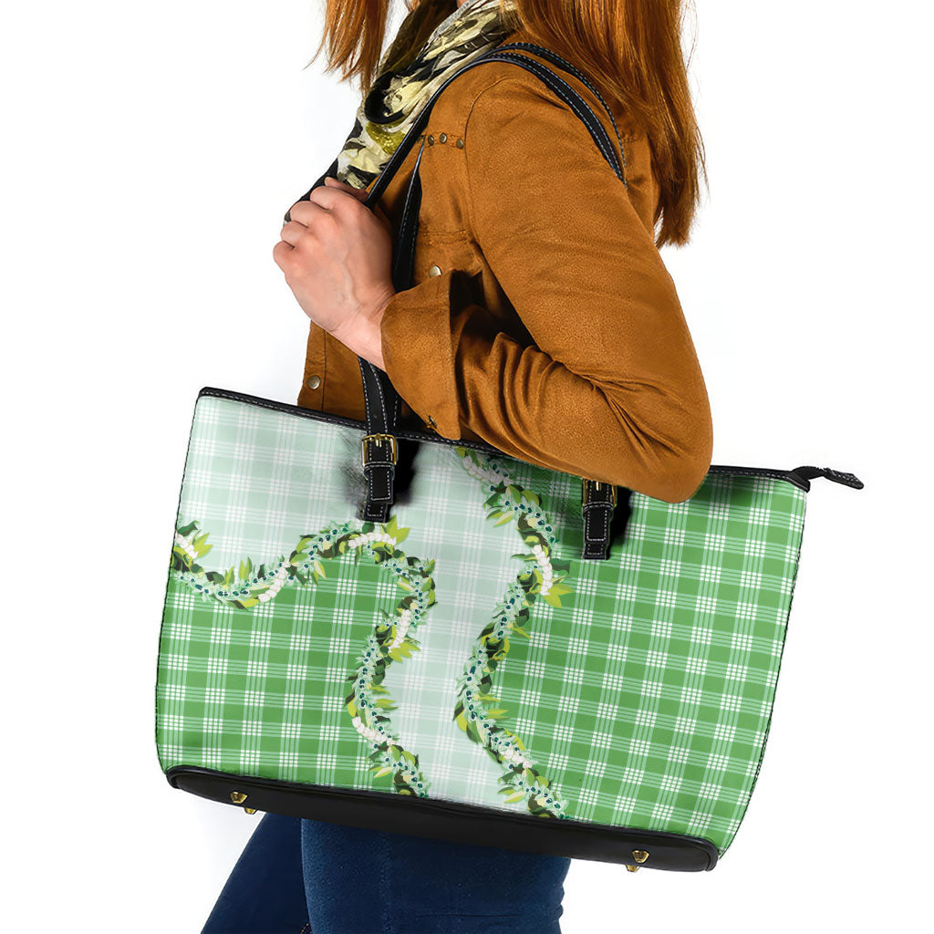 Green Hawaii Palaka Leather Tote Bag Maile Pikake Honohono Orchid Lei LT05 Green - Polynesian Pride