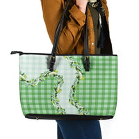 Green Hawaii Palaka Leather Tote Bag Maile Pikake Honohono Orchid Lei LT05 - Polynesian Pride