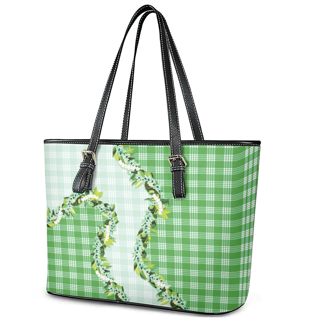 Green Hawaii Palaka Leather Tote Bag Maile Pikake Honohono Orchid Lei LT05 - Polynesian Pride