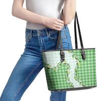 Green Hawaii Palaka Leather Tote Bag Maile Pikake Honohono Orchid Lei LT05 - Polynesian Pride