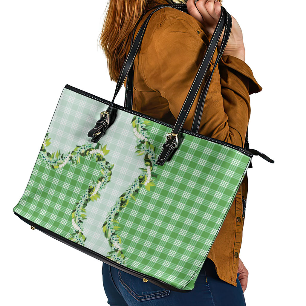 Green Hawaii Palaka Leather Tote Bag Maile Pikake Honohono Orchid Lei LT05 - Polynesian Pride