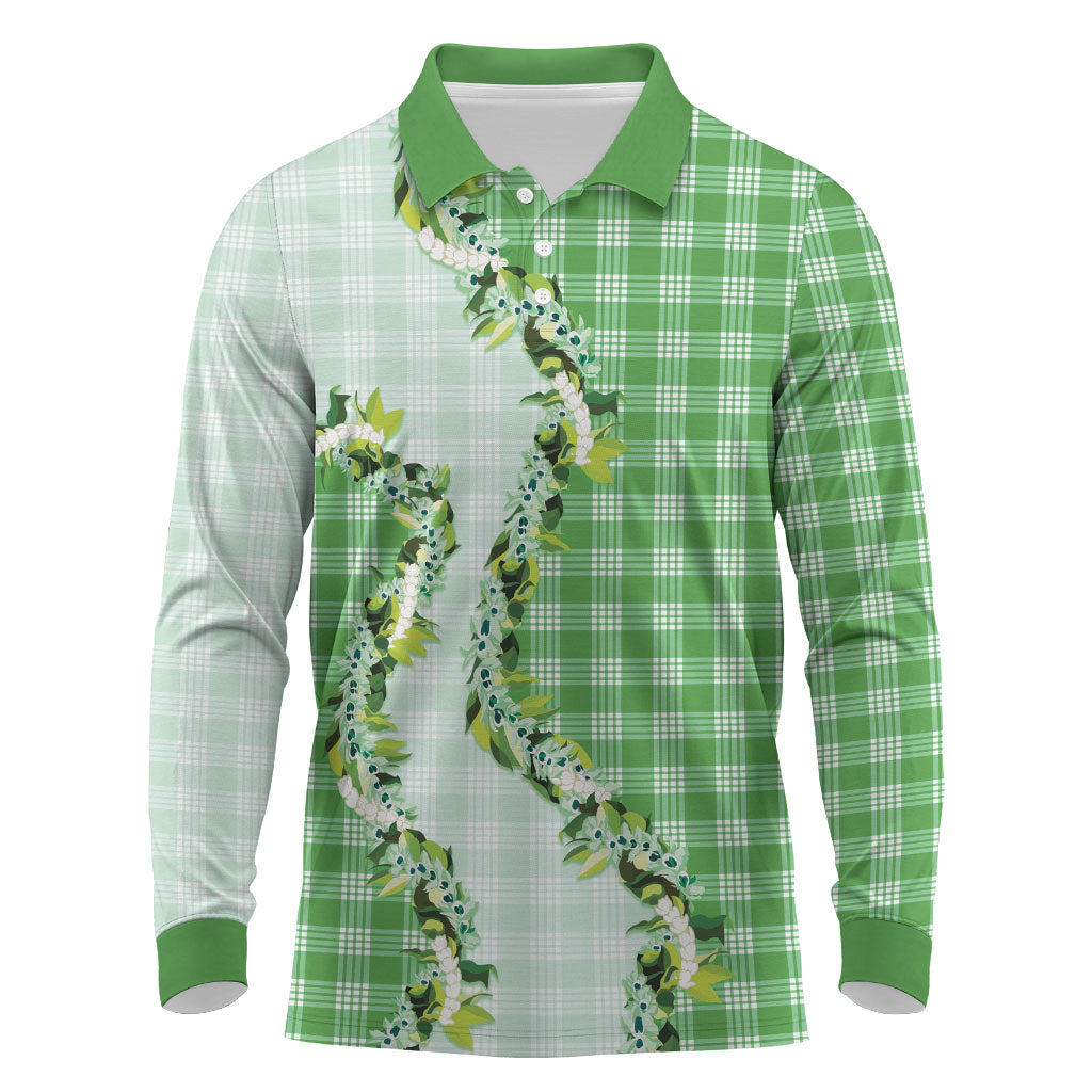 Green Hawaii Palaka Long Sleeve Polo Shirt Maile Pikake Honohono Orchid Lei LT05 Green - Polynesian Pride
