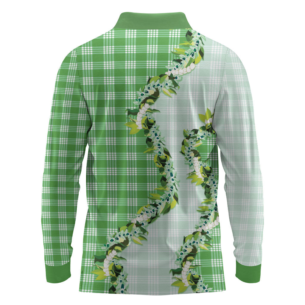 Green Hawaii Palaka Long Sleeve Polo Shirt Maile Pikake Honohono Orchid Lei LT05 - Polynesian Pride