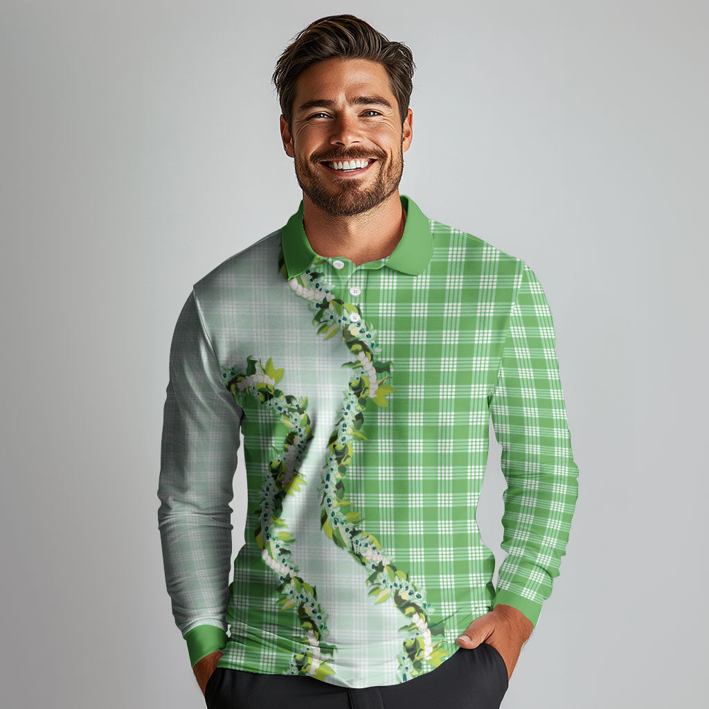 Green Hawaii Palaka Long Sleeve Polo Shirt Maile Pikake Honohono Orchid Lei LT05 - Polynesian Pride