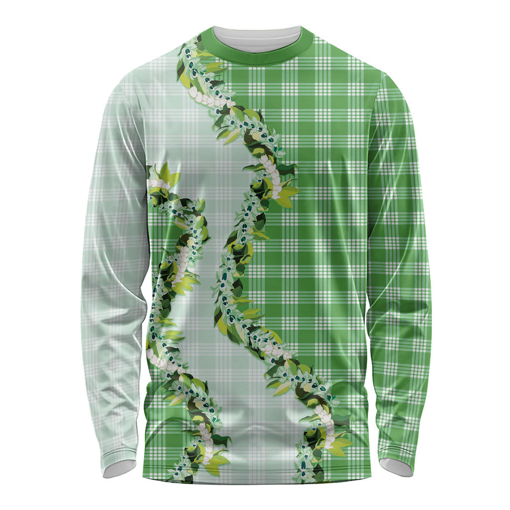 Green Hawaii Palaka Long Sleeve Shirt Maile Pikake Honohono Orchid Lei
