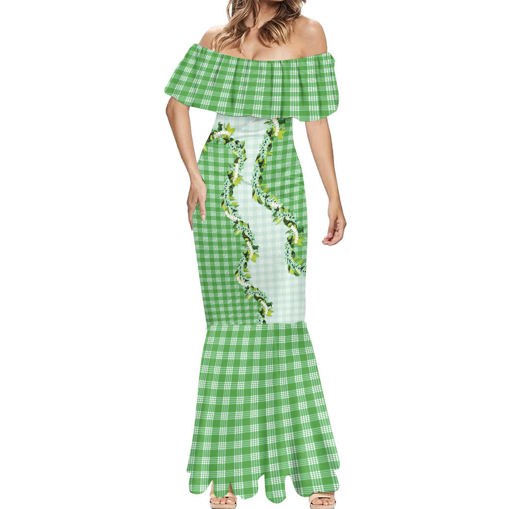 Green Hawaii Palaka Mermaid Dress Maile Pikake Honohono Orchid Lei LT05 - Polynesian Pride
