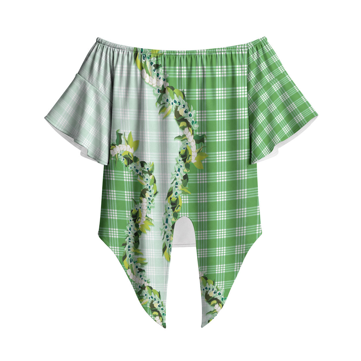 Green Hawaii Palaka Off Shoulder Wrap Waist Top Maile Pikake Honohono Orchid Lei LT05 Green - Polynesian Pride