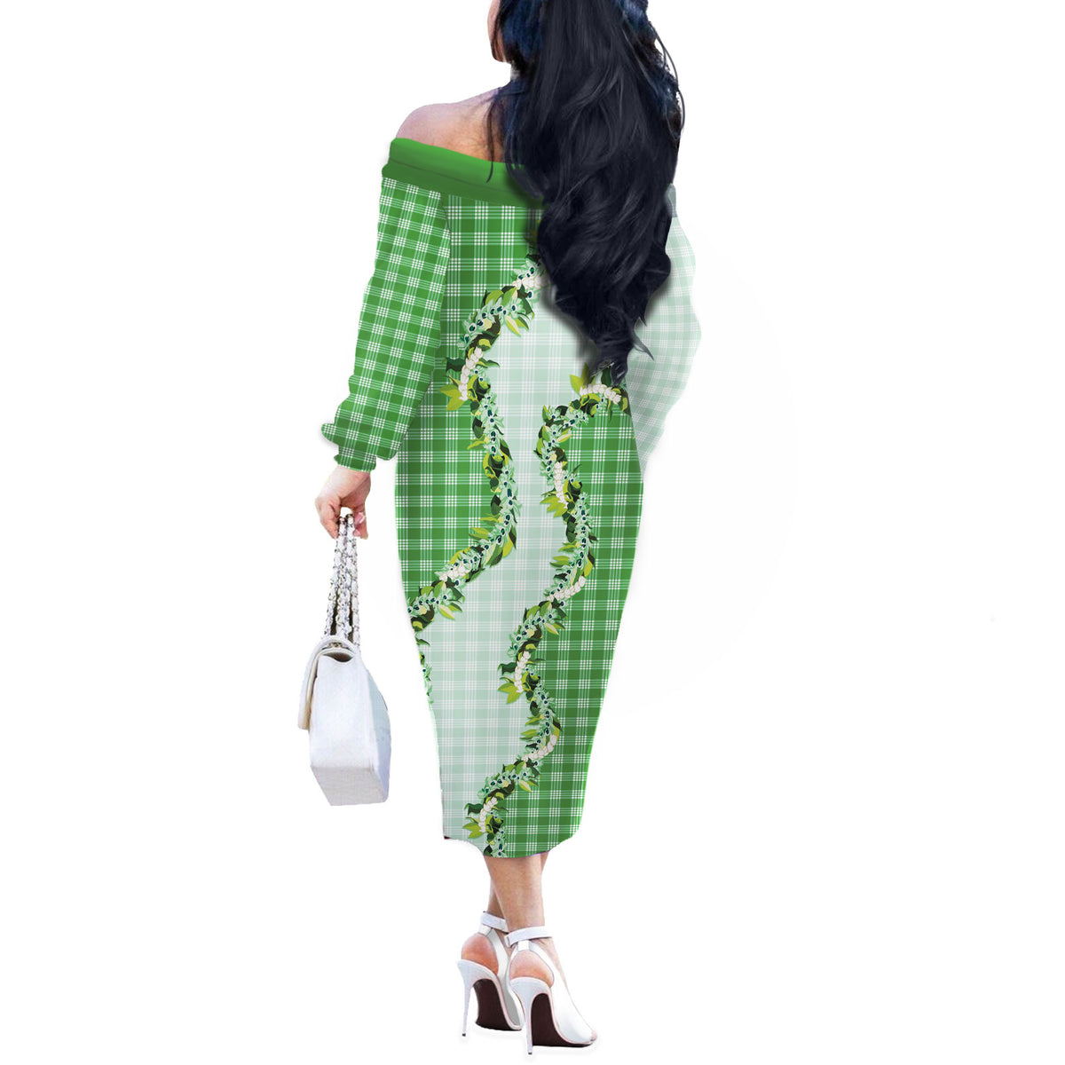 Green Hawaii Palaka Off The Shoulder Long Sleeve Dress Maile Pikake Honohono Orchid Lei LT05 - Polynesian Pride