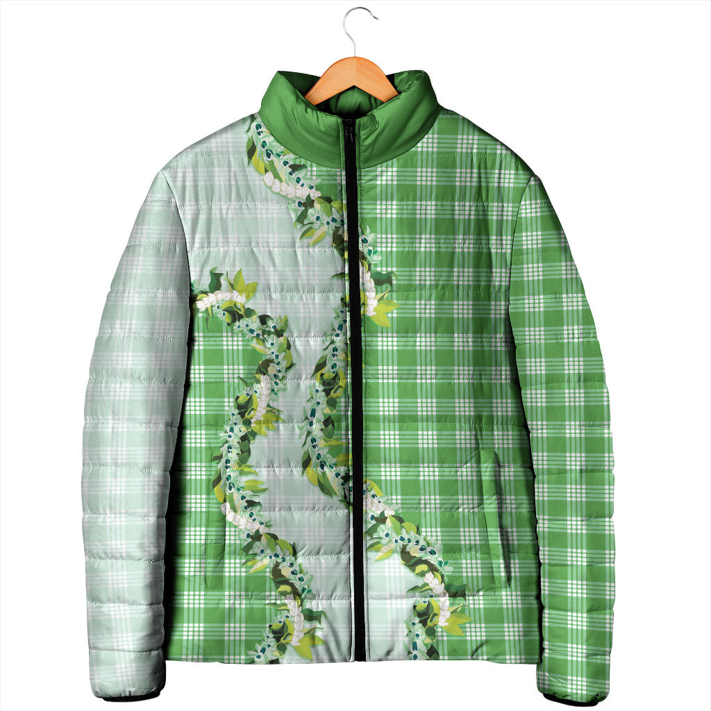 Green Hawaii Palaka Padded Jacket Maile Pikake Honohono Orchid Lei