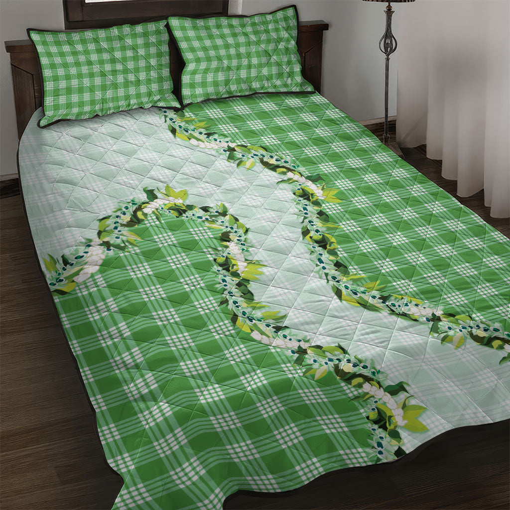Green Hawaii Palaka Quilt Bed Set Maile Pikake Honohono Orchid Lei