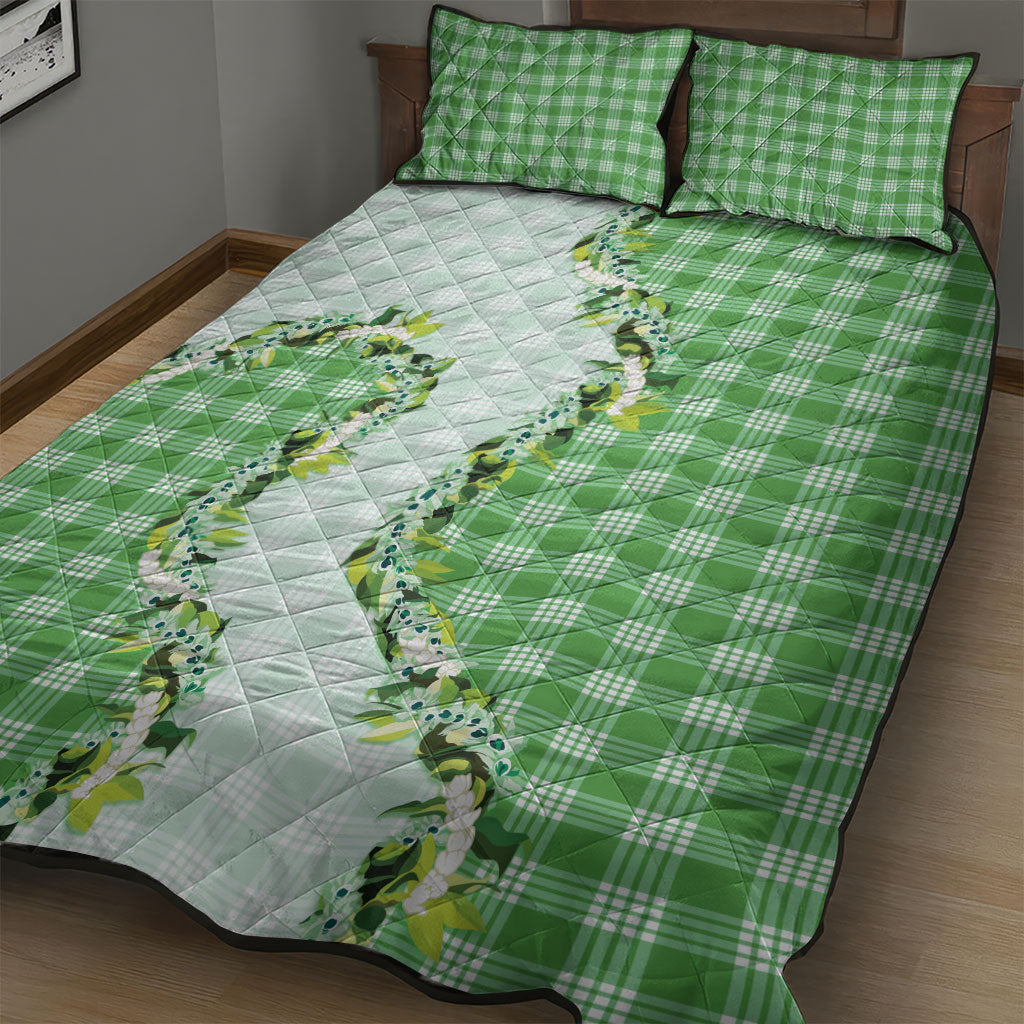Green Hawaii Palaka Quilt Bed Set Maile Pikake Honohono Orchid Lei