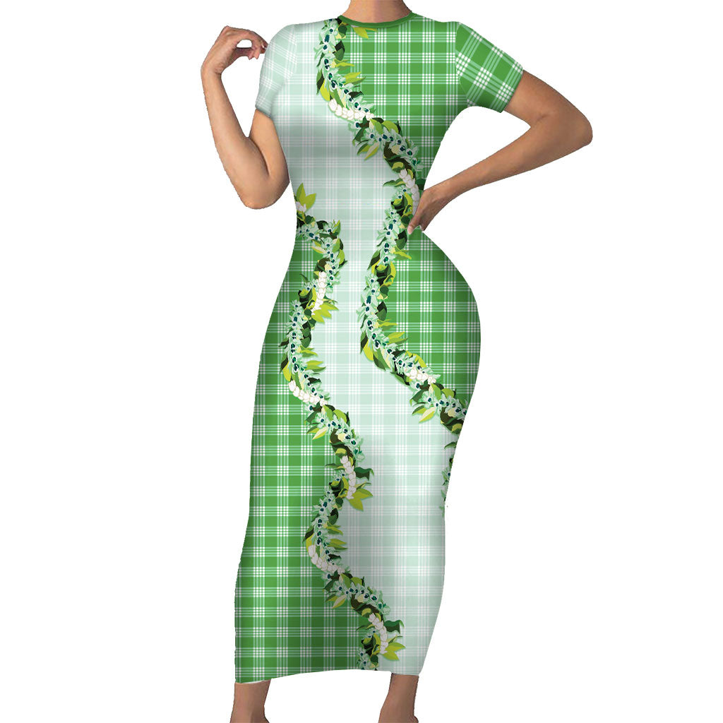 Green Hawaii Palaka Short Sleeve Bodycon Dress Maile Pikake Honohono Orchid Lei LT05 Long Dress Green - Polynesian Pride