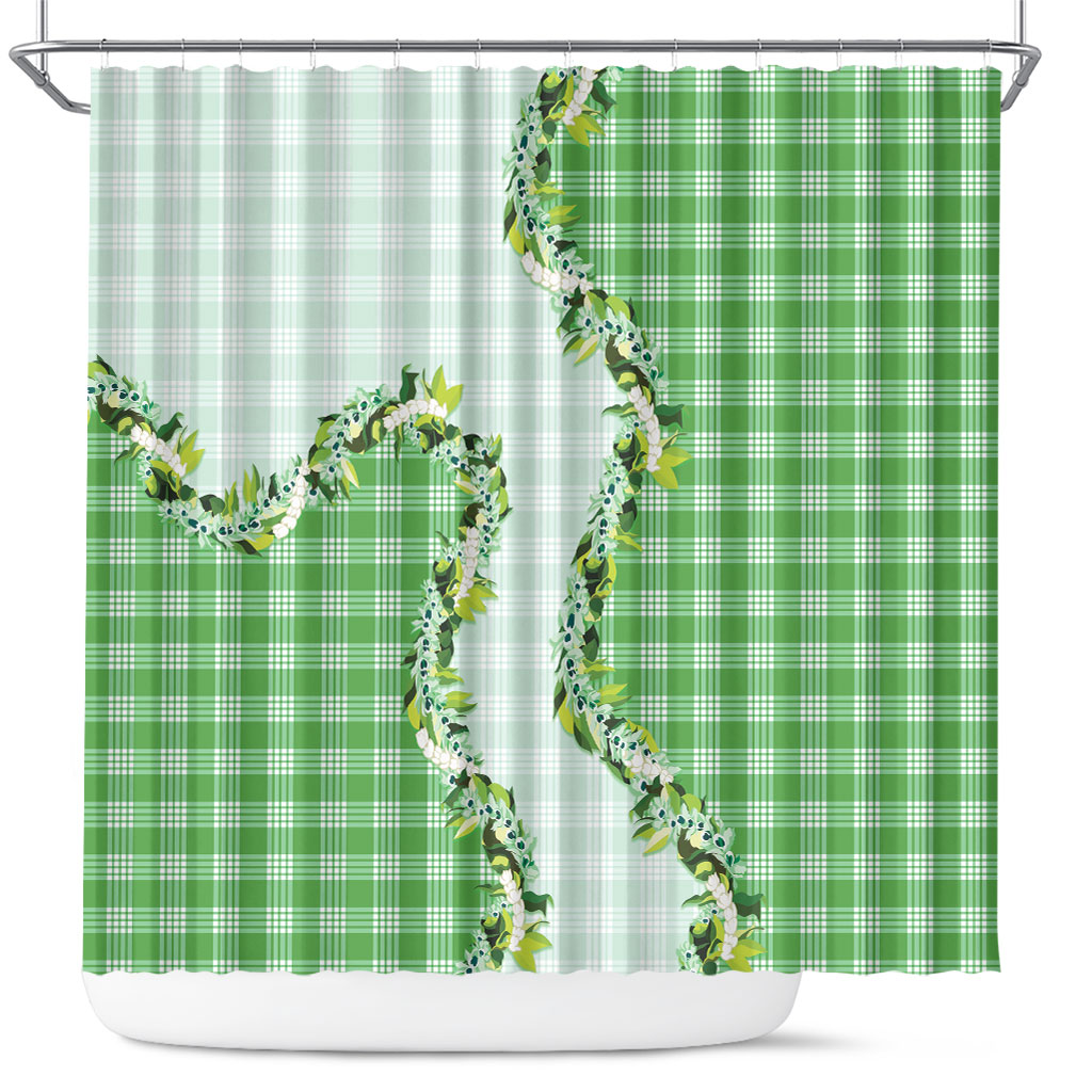 Green Hawaii Palaka Shower Curtain Maile Pikake Honohono Orchid Lei