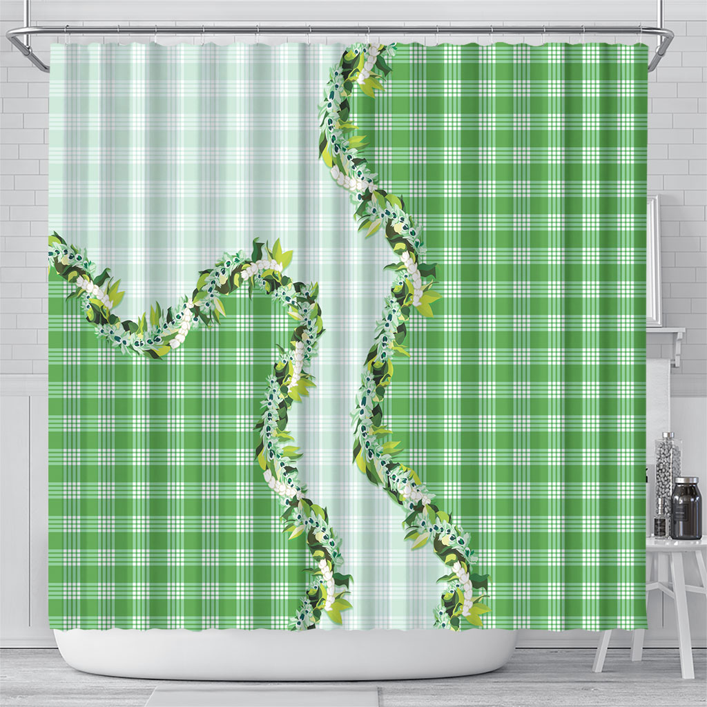Green Hawaii Palaka Shower Curtain Maile Pikake Honohono Orchid Lei