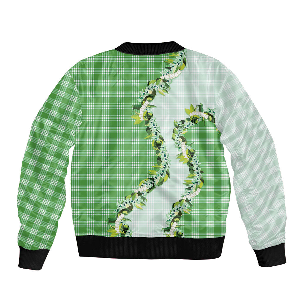 Green Hawaii Palaka Sleeve Zip Bomber Jacket Maile Pikake Honohono Orchid Lei