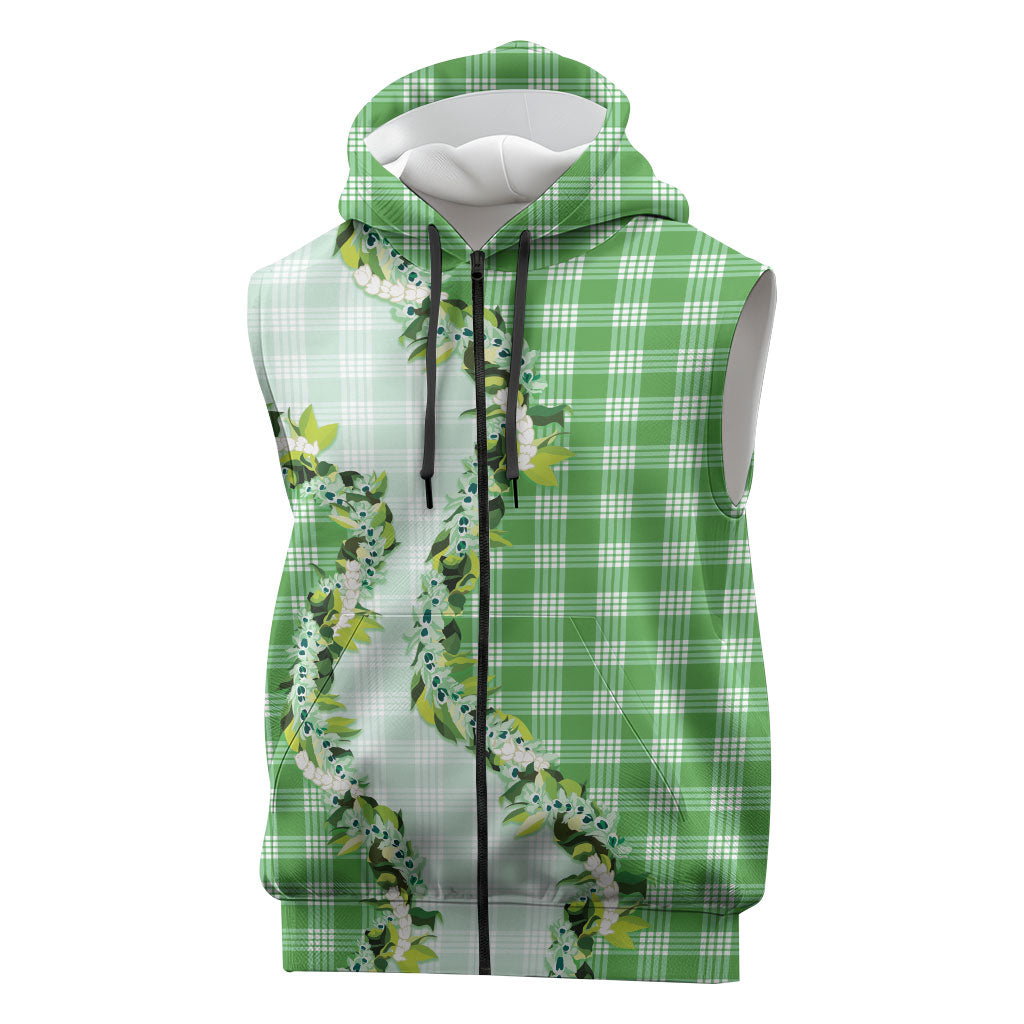 Green Hawaii Palaka Sleeveless Zip Hoodie Maile Pikake Honohono Orchid Lei LT05 Green - Polynesian Pride