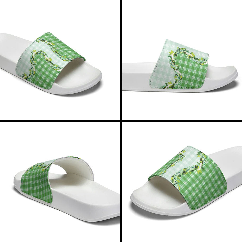 Green Hawaii Palaka Slide Sandals Maile Pikake Honohono Orchid Lei