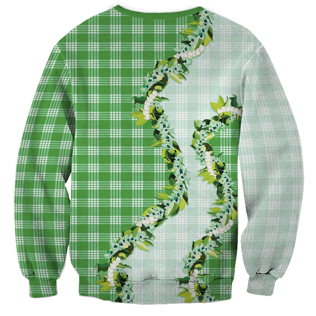 Green Hawaii Palaka Sweatshirt Maile Pikake Honohono Orchid Lei