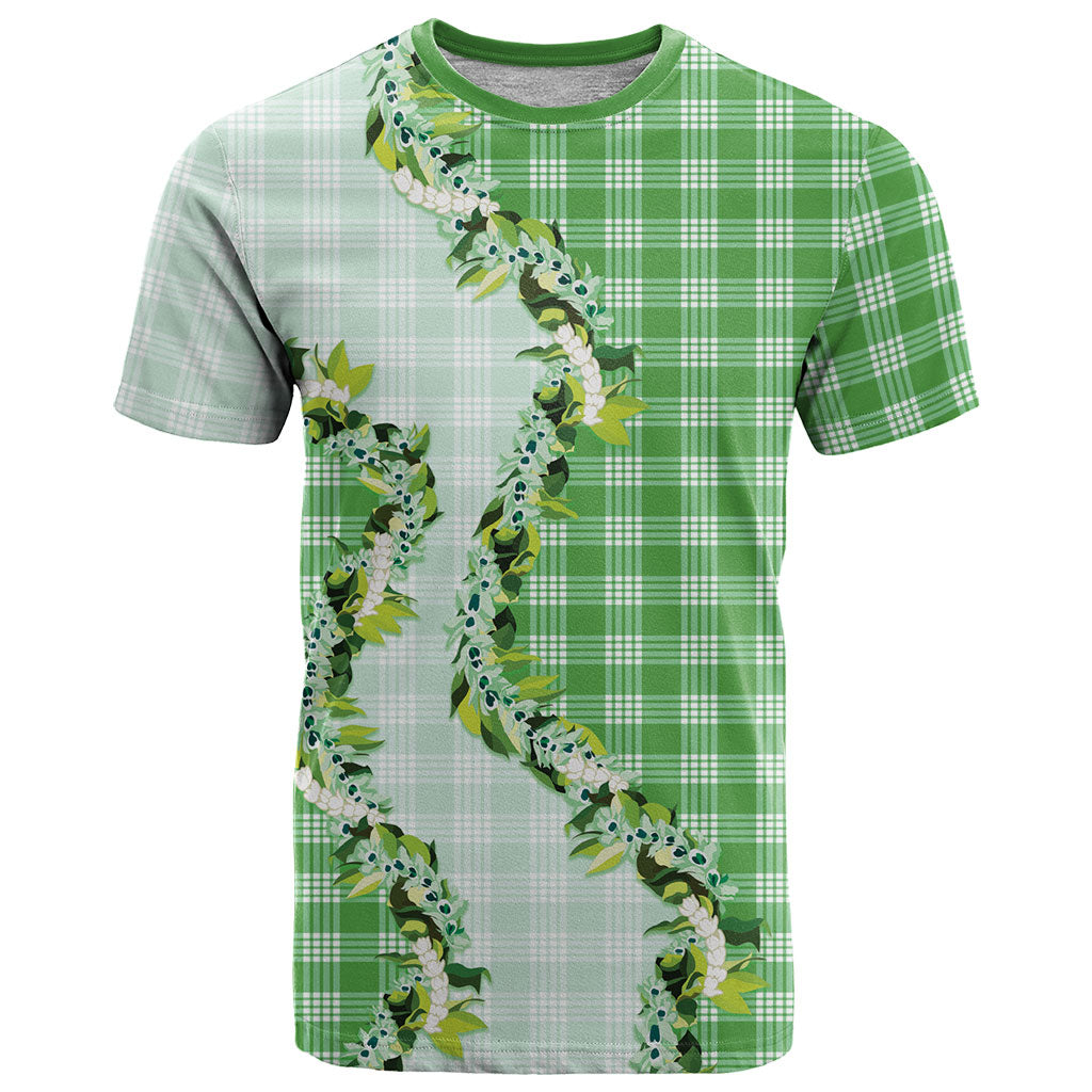 Green Hawaii Palaka T Shirt Maile Pikake Honohono Orchid Lei
