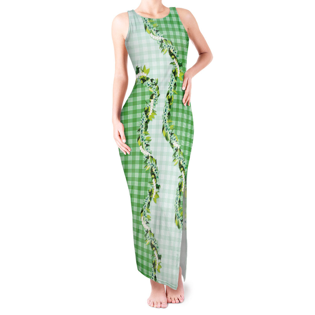Green Hawaii Palaka Tank Maxi Dress Maile Pikake Honohono Orchid Lei