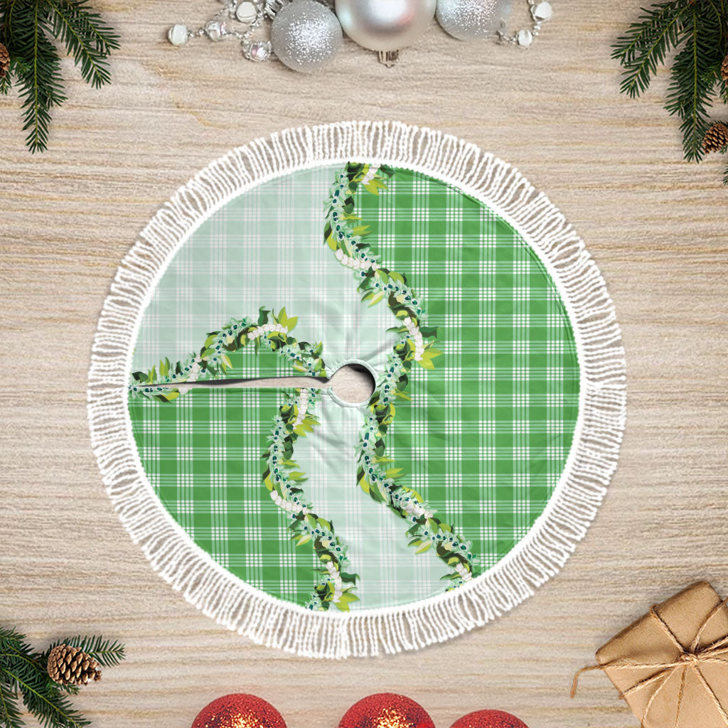 Green Hawaii Palaka Tree Skirt Maile Pikake Honohono Orchid Lei LT05 Fringed Green - Polynesian Pride