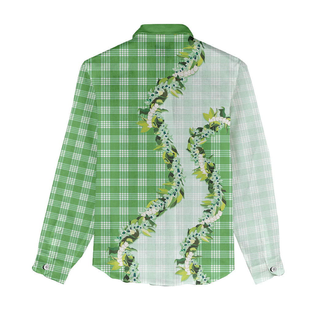Green Hawaii Palaka Women Casual Shirt Maile Pikake Honohono Orchid Lei LT05 - Polynesian Pride