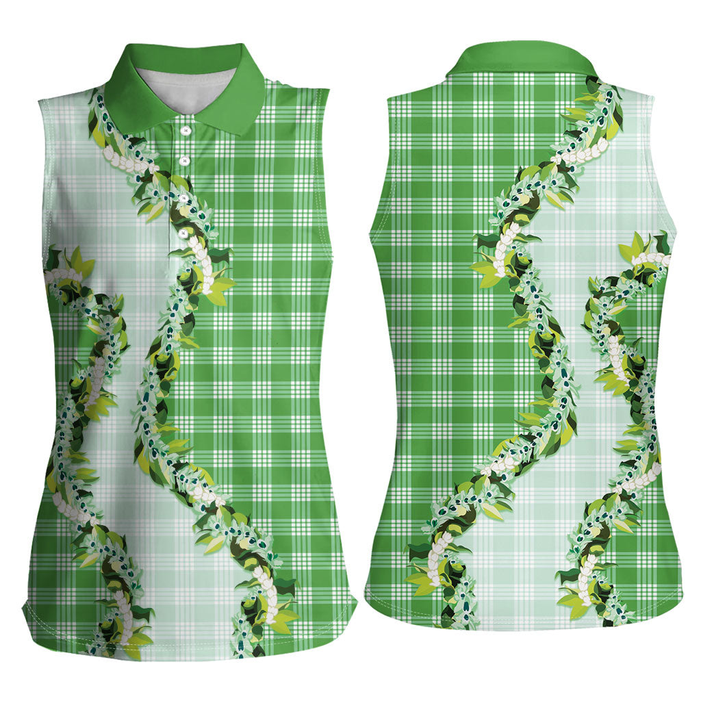Green Hawaii Palaka Women Sleeveless Polo Shirt Maile Pikake Honohono Orchid Lei LT05 - Polynesian Pride
