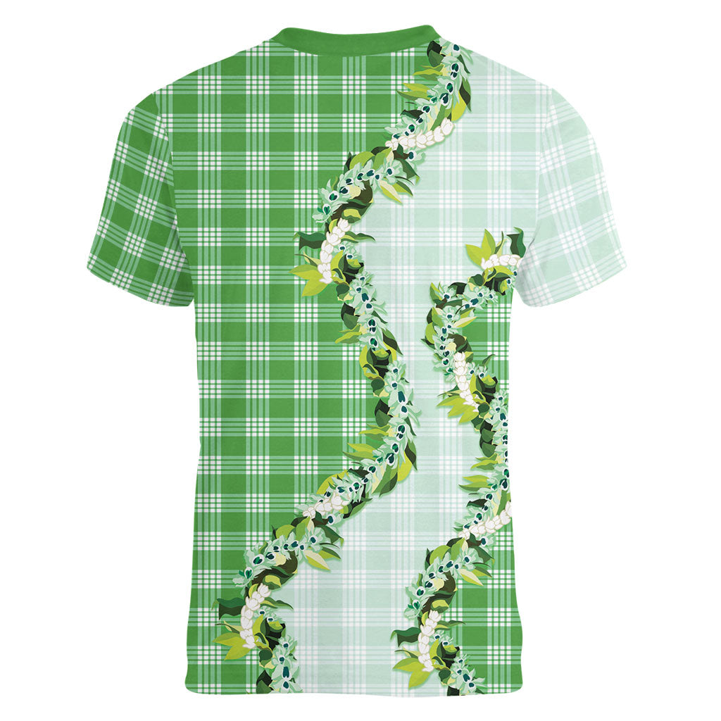 Green Hawaii Palaka Women V-Neck T-Shirt Maile Pikake Honohono Orchid Lei LT05 - Polynesian Pride