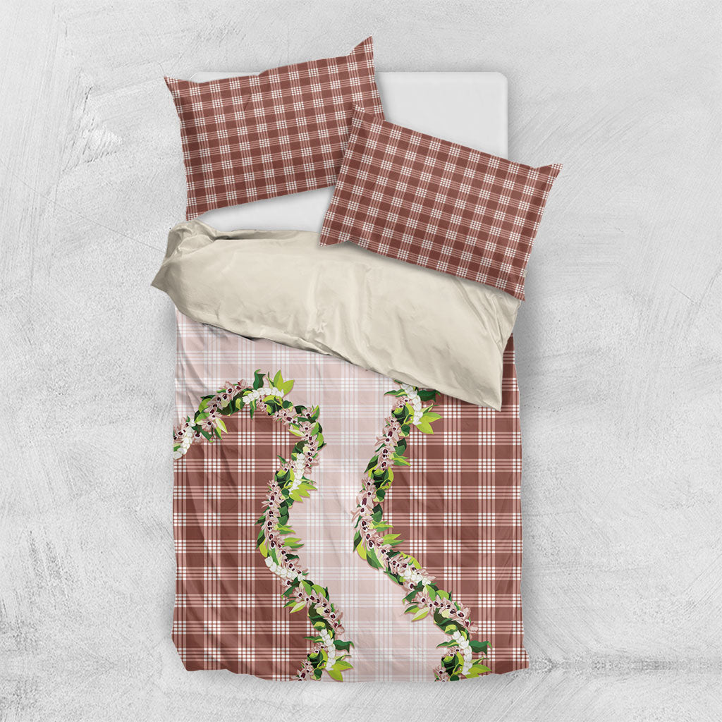 Mocha Hawaii Palaka Bedding Set Maile Pikake Honohono Orchid Lei