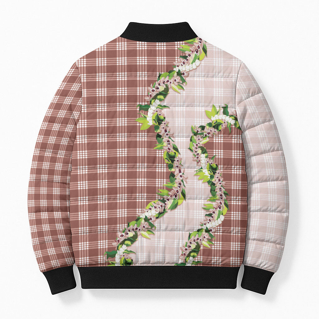 Mocha Hawaii Palaka Bomber Puffer Jacket Maile Pikake Honohono Orchid Lei
