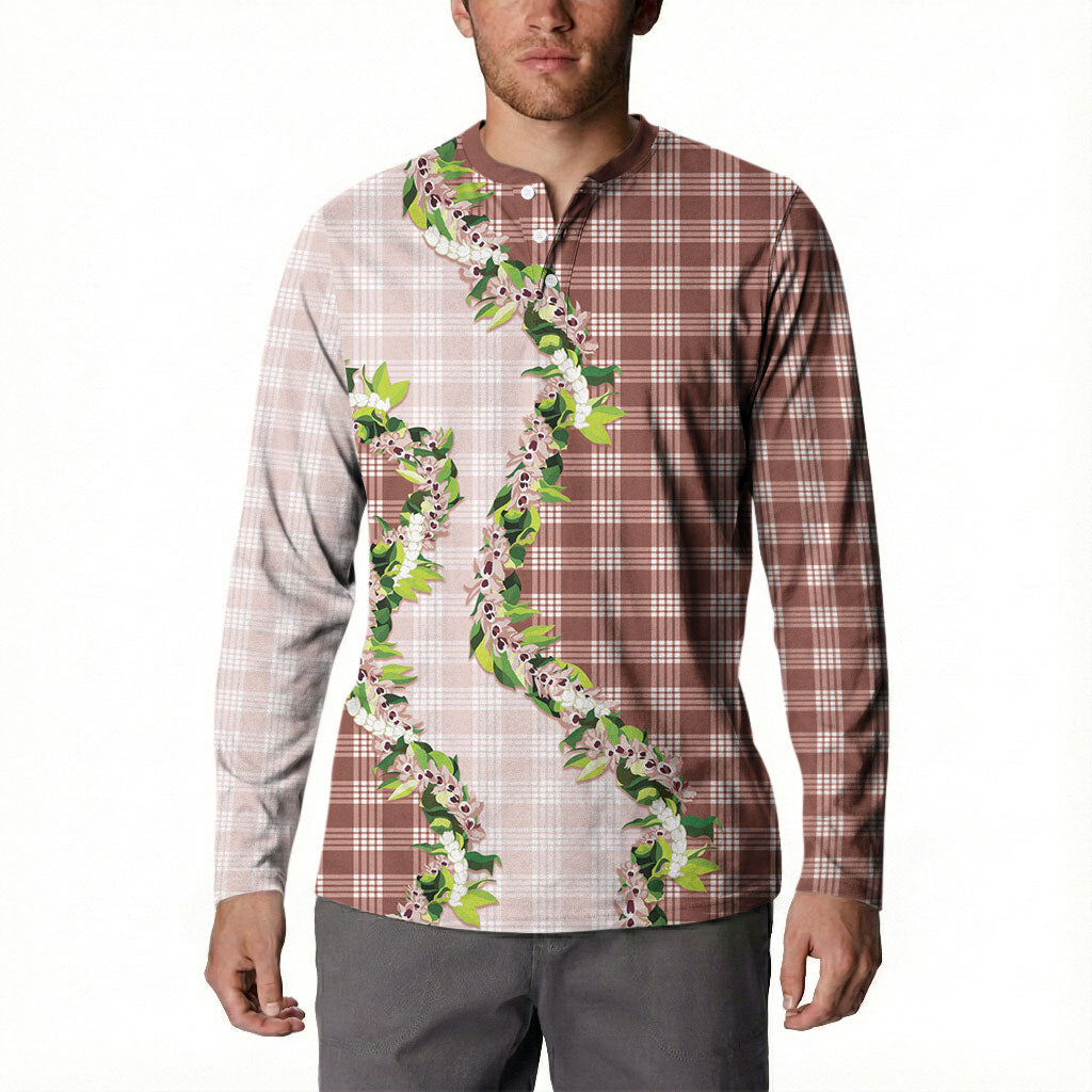 Mocha Hawaii Palaka Button Sweatshirt Maile Pikake Honohono Orchid Lei