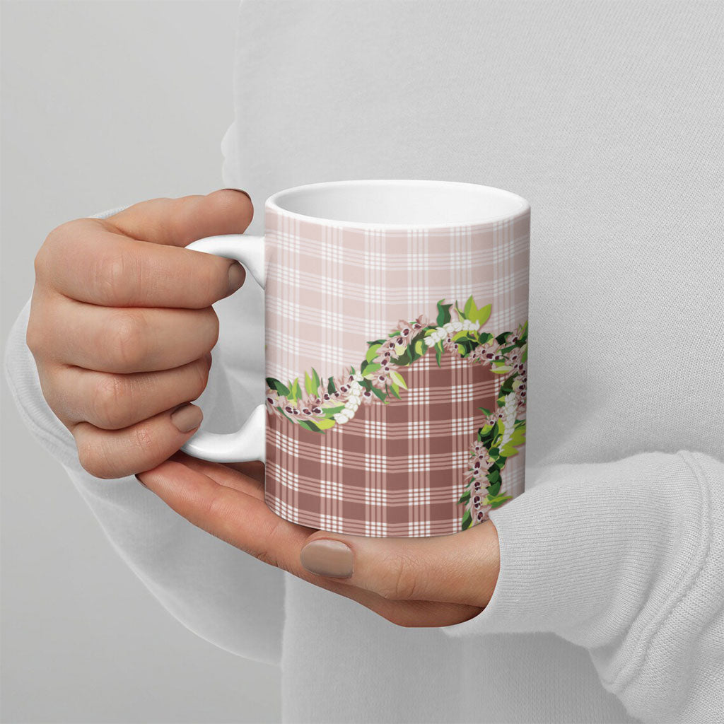 Mocha Hawaii Palaka Ceramic Mug Maile Pikake Honohono Orchid Lei