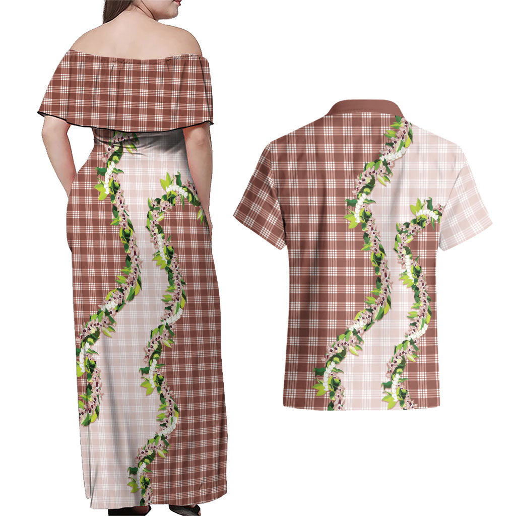 Mocha Hawaii Palaka Couples Matching Off Shoulder Maxi Dress and Hawaiian Shirt Maile Pikake Honohono Orchid Lei LT05 - Polynesian Pride