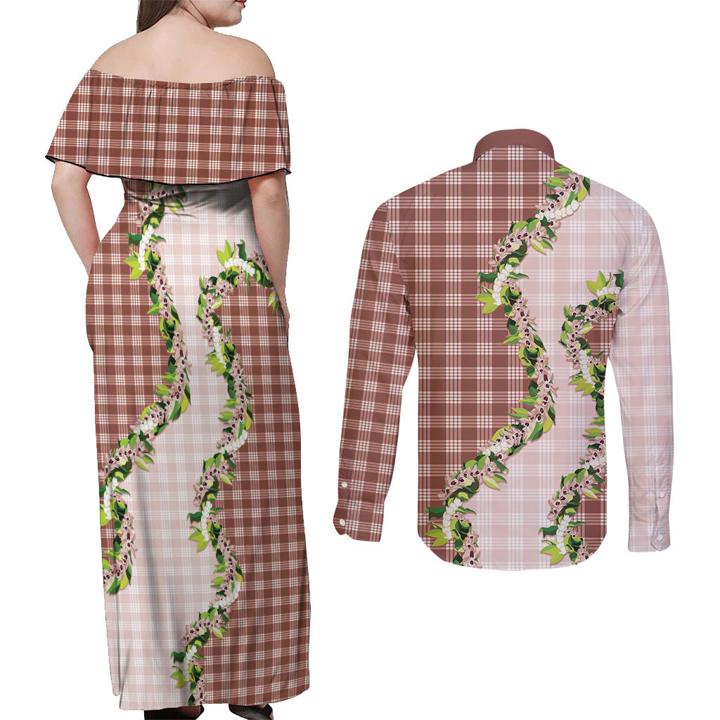 Mocha Hawaii Palaka Couples Matching Off Shoulder Maxi Dress and Long Sleeve Button Shirt Maile Pikake Honohono Orchid Lei LT05 - Polynesian Pride