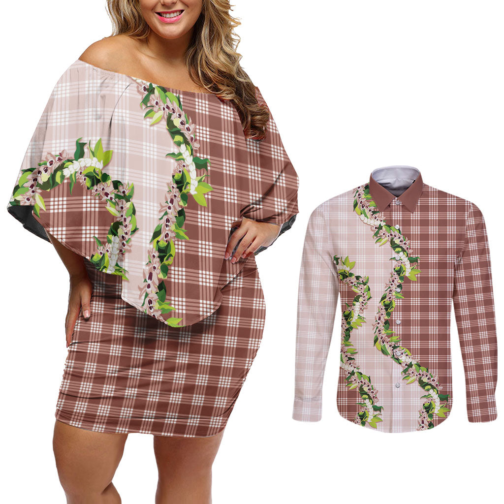 Mocha Hawaii Palaka Couples Matching Off Shoulder Short Dress and Long Sleeve Button Shirt Maile Pikake Honohono Orchid Lei