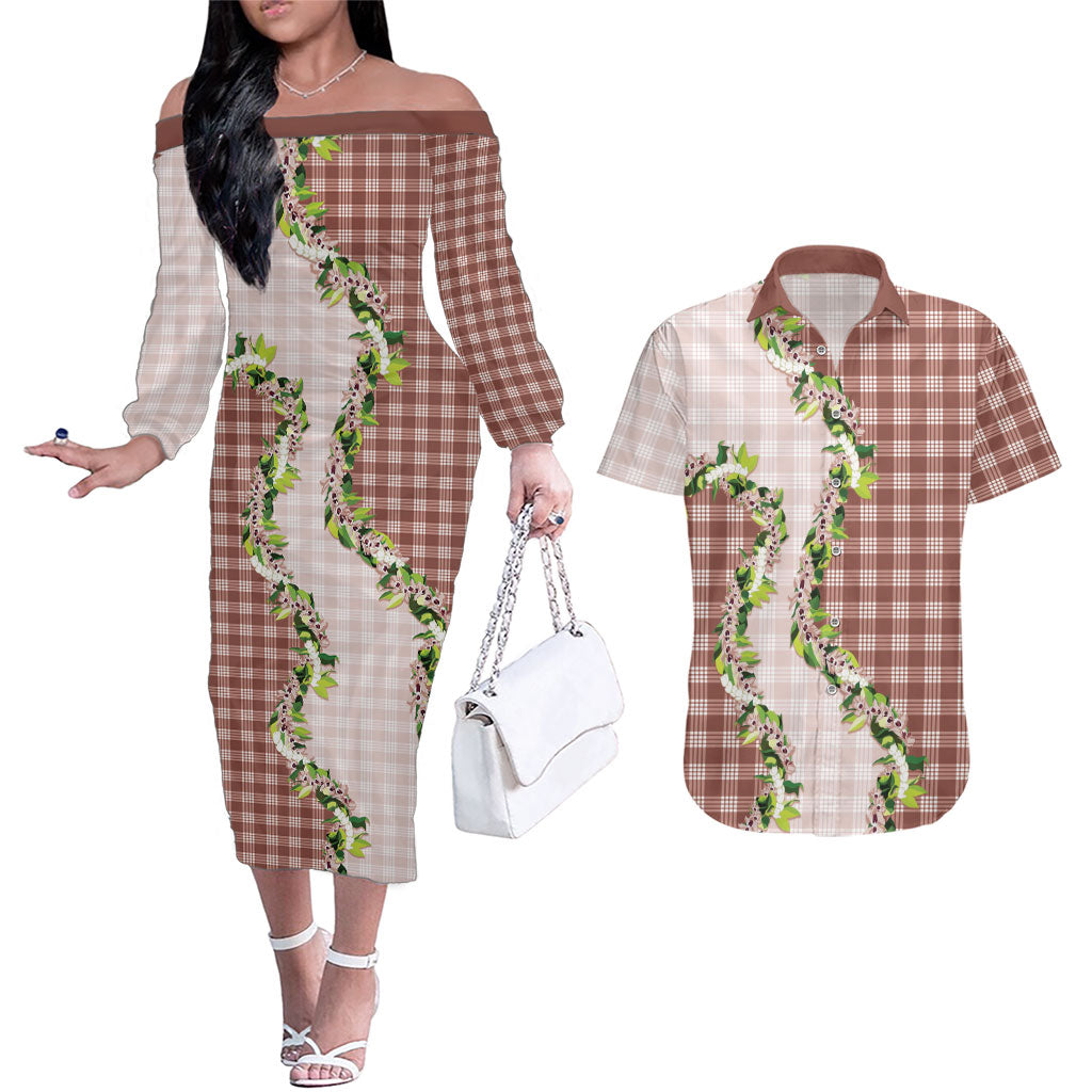 Mocha Hawaii Palaka Couples Matching Off The Shoulder Long Sleeve Dress and Hawaiian Shirt Maile Pikake Honohono Orchid Lei LT05 Mocha - Polynesian Pride