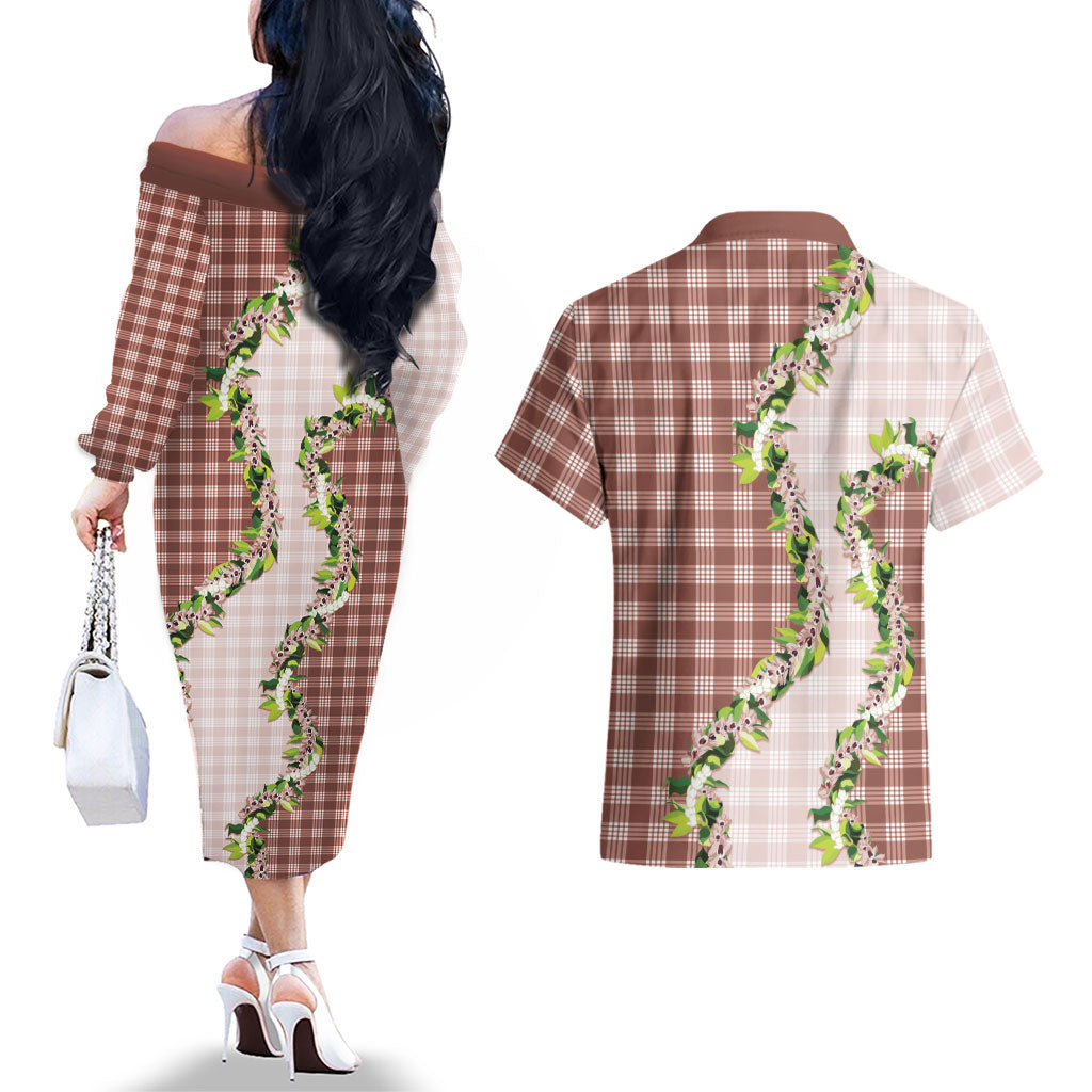 Mocha Hawaii Palaka Couples Matching Off The Shoulder Long Sleeve Dress and Hawaiian Shirt Maile Pikake Honohono Orchid Lei LT05 - Polynesian Pride