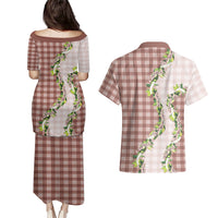 Mocha Hawaii Palaka Couples Matching Puletasi and Hawaiian Shirt Maile Pikake Honohono Orchid Lei LT05 - Polynesian Pride