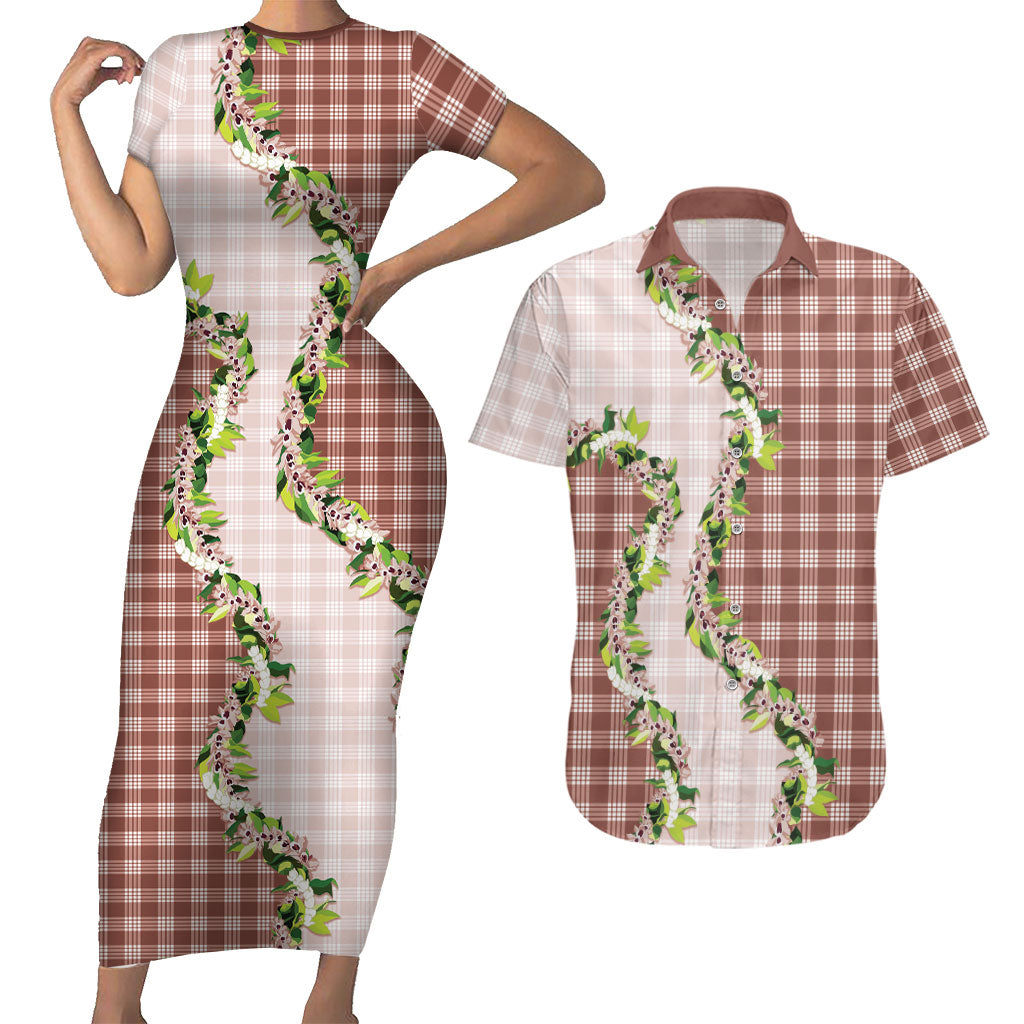 Mocha Hawaii Palaka Couples Matching Short Sleeve Bodycon Dress and Hawaiian Shirt Maile Pikake Honohono Orchid Lei LT05 Mocha - Polynesian Pride