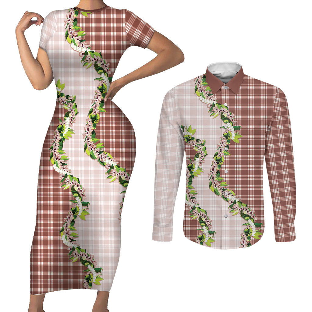 Mocha Hawaii Palaka Couples Matching Short Sleeve Bodycon Dress and Long Sleeve Button Shirt Maile Pikake Honohono Orchid Lei LT05 Mocha - Polynesian Pride