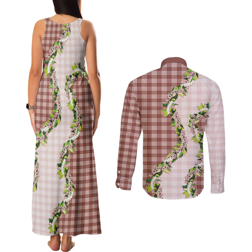 Mocha Hawaii Palaka Couples Matching Tank Maxi Dress and Long Sleeve Button Shirt Maile Pikake Honohono Orchid Lei LT05 - Polynesian Pride
