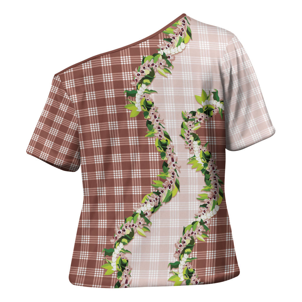 Mocha Hawaii Palaka Cross Shoulder Shirt Maile Pikake Honohono Orchid Lei