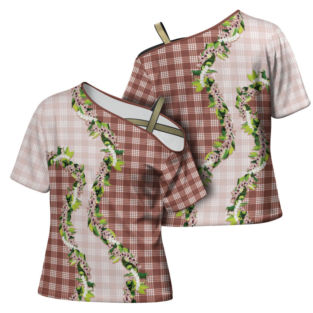 Mocha Hawaii Palaka Cross Shoulder Shirt Maile Pikake Honohono Orchid Lei