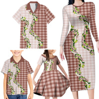 Mocha Hawaii Palaka Family Matching Long Sleeve Bodycon Dress and Hawaiian Shirt Maile Pikake Honohono Orchid Lei LT05 - Polynesian Pride