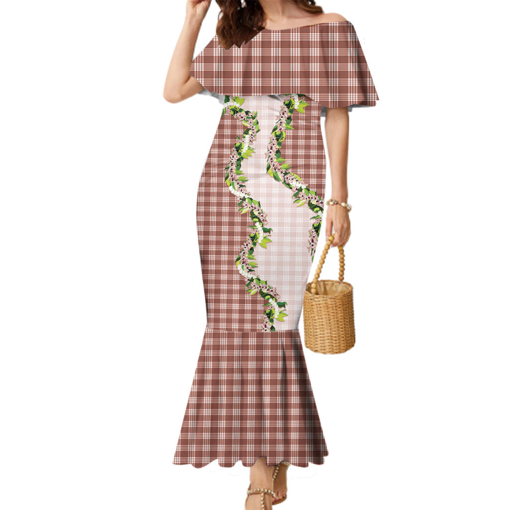 Mocha Hawaii Palaka Family Matching Mermaid Dress and Hawaiian Shirt Maile Pikake Honohono Orchid Lei LT05 Mom's Dress Mocha - Polynesian Pride